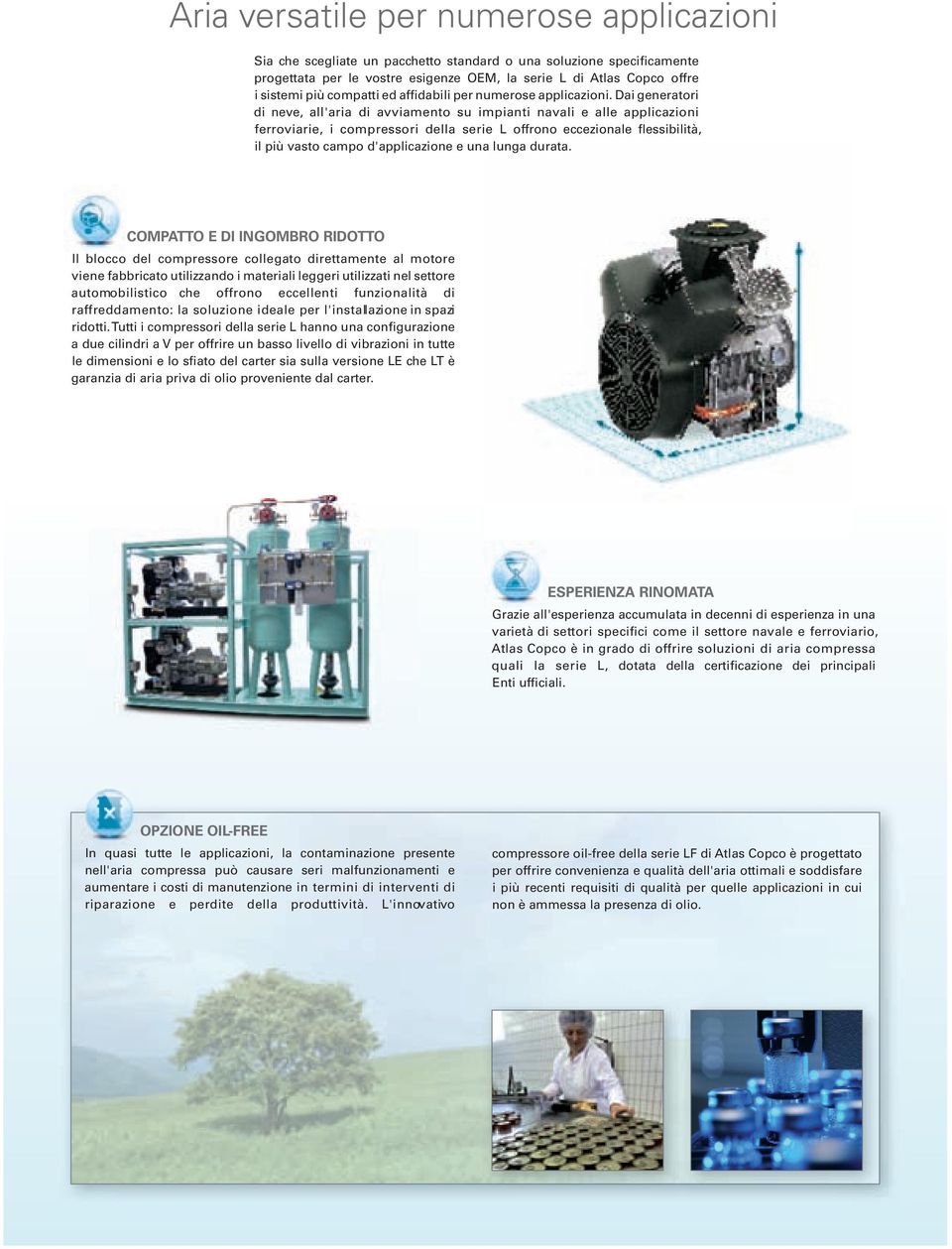 Dai generatori di neve, all'aria di avviamento su impianti navali e alle applicazioni ferroviarie, i compressori della serie L offrono eccezionale flessibilità, il più vasto campo d'applicazione e