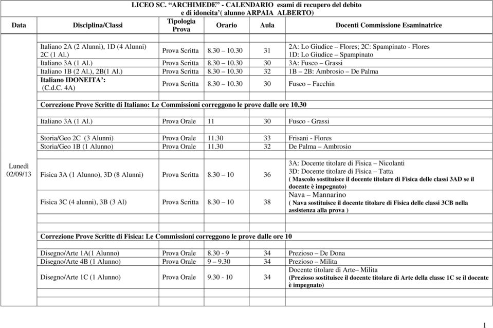 30 Italiano 3A (1 Al.) Orale 11 30 Fusco - Grassi Storia/Geo 2C (3 Alunni) Orale 11.30 33 Frisani - Flores Storia/Geo 1B (1 Alunno) Orale 11.