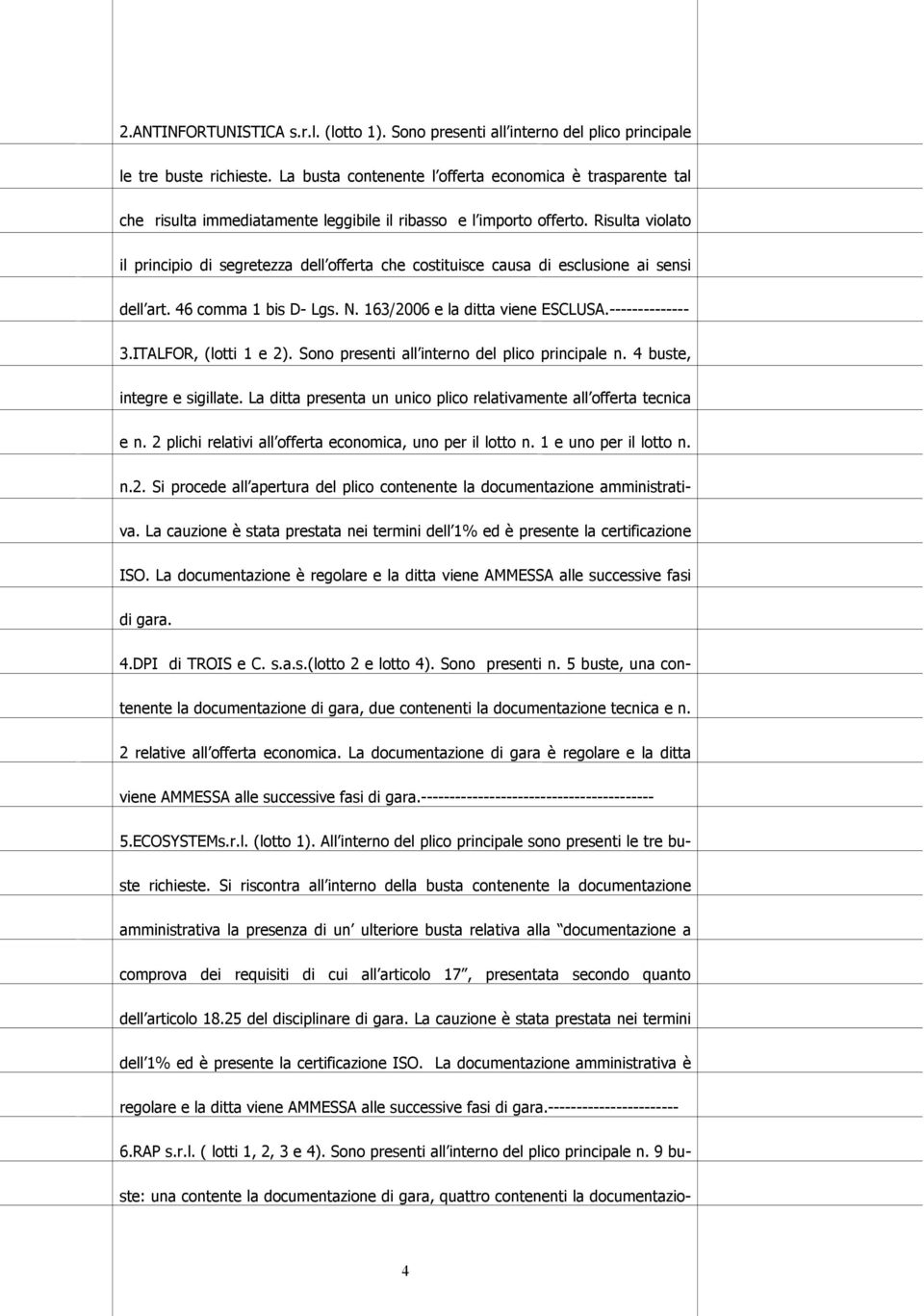 Risulta violato il principio di segretezza dell offerta che costituisce causa di esclusione ai sensi dell art. 46 comma 1 bis D- Lgs. N. 163/2006 e la ditta viene ESCLUSA.-------------- 3.