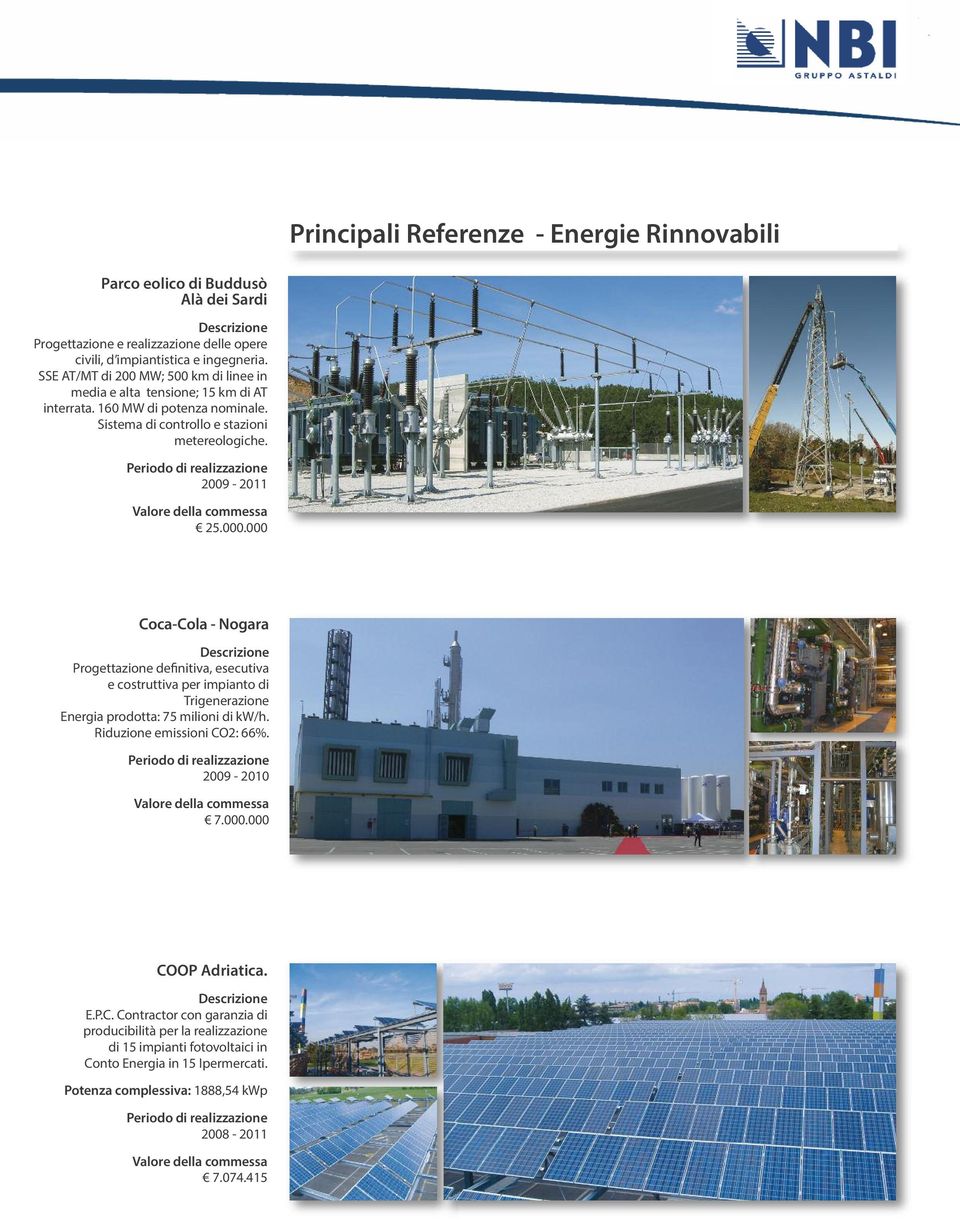 000 Coca-Cola - Nogara Progettazione definitiva, esecutiva e costruttiva per impianto di Trigenerazione Energia prodotta: 75 milioni di kw/h. Riduzione emissioni CO2: 66%. 2009-2010 7.