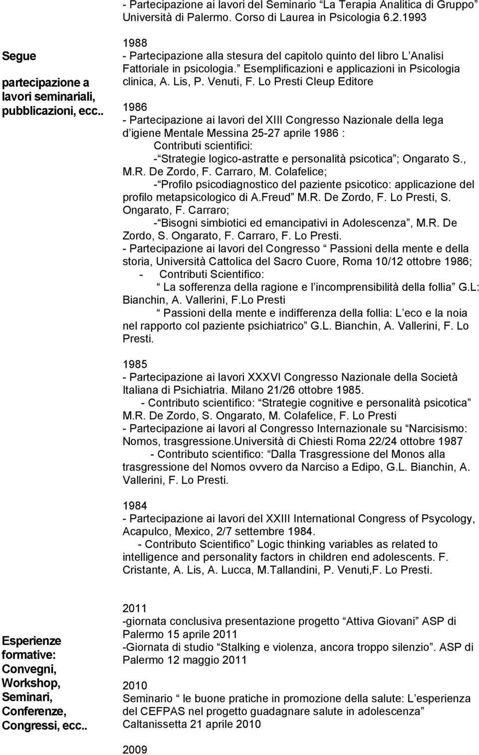 Lo Presti Cleup Editore 1986 - Partecipazione ai lavori del XIII Congresso Nazionale della lega d igiene Mentale Messina 25-27 aprile 1986 : Contributi scientifici: - Strategie logico-astratte e