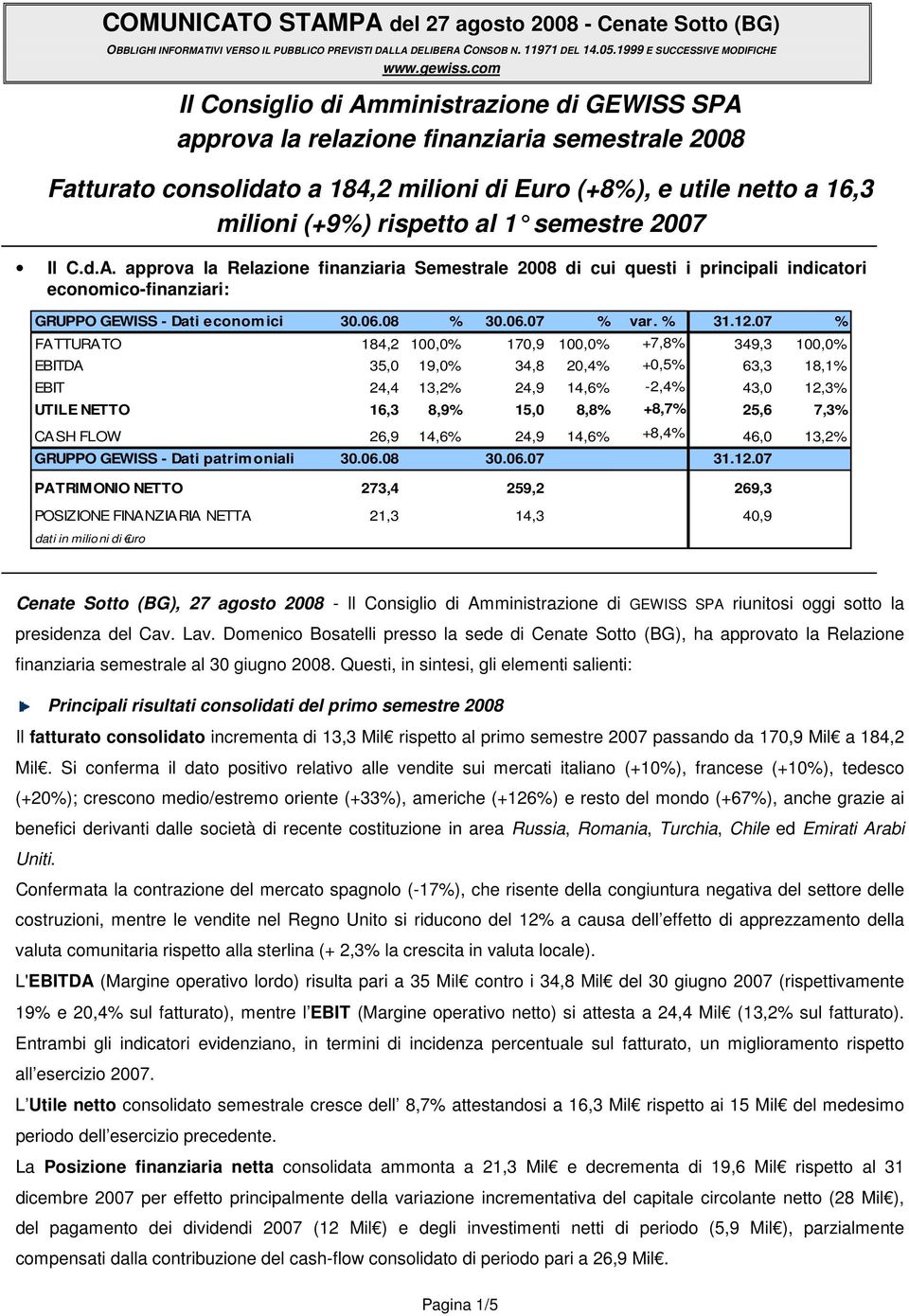 1 semestre 2007 Il C.d.A. approva la Relazione finanziaria Semestrale 2008 di cui questi i principali indicatori economico-finanziari: GRUPPO GEWISS - Dati econom ici 30.06.08 % 30.06.07 % var. % 31.