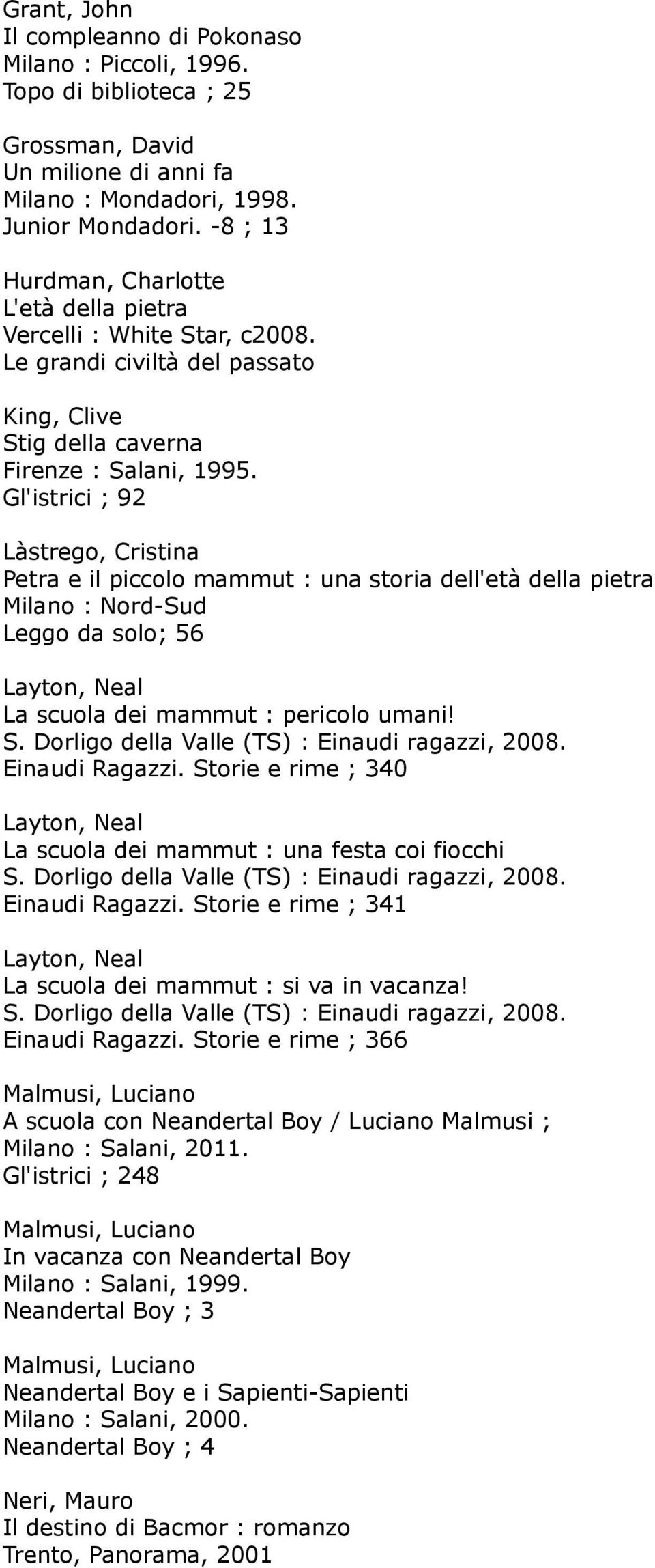 Gl'istrici ; 92 Làstrego, Cristina Petra e il piccolo mammut : una storia dell'età della pietra Milano : Nord-Sud Leggo da solo; 56 La scuola dei mammut : pericolo umani! Einaudi Ragazzi.