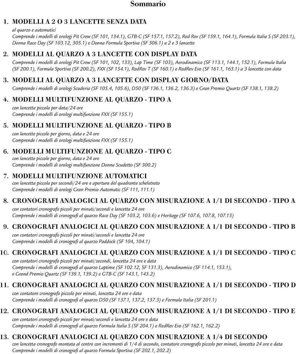 OELLI L QURZO 3 LNCETTE CON IPLY T Comprende i modelli di orologi Pit Crew (F 101, 102, 133), Lap Time (F 103), erodinamico (F 113.1, 144.1, 152.1), Formula Italia (F 200.1), Formula portiva (F 200.