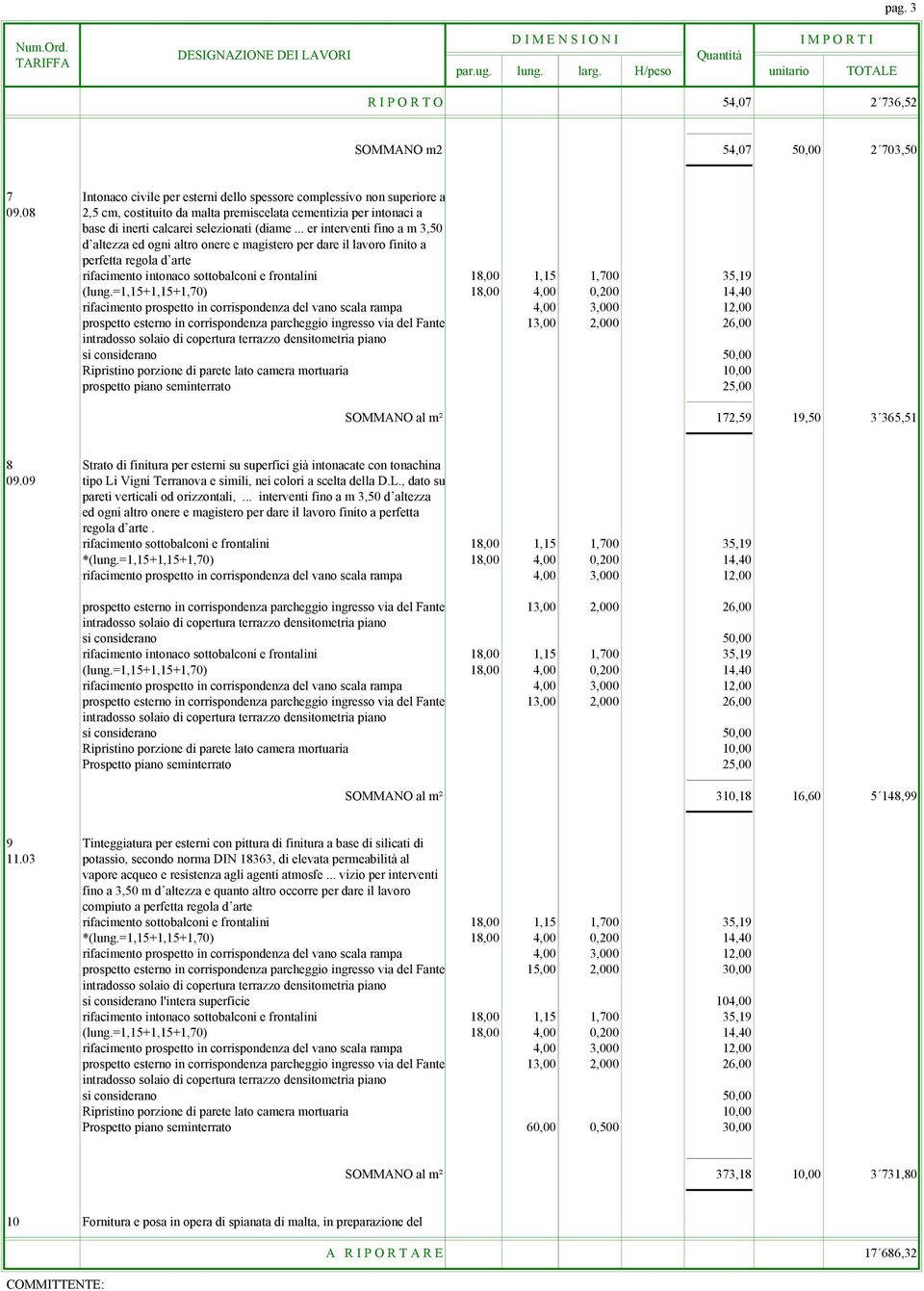 .. er interventi fino a m 3,50 d altezza ed ogni altro onere e magistero per dare il lavoro finito a perfetta regola d arte rifacimento intonaco sottobalconi e frontalini 18,00 1,15 1,700 35,19 (lung.