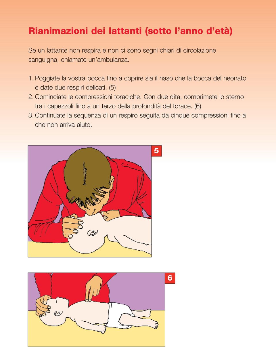 Poggiate la vostra bocca fino a coprire sia il naso che la bocca del neonato e date due respiri delicati. (5) 2.