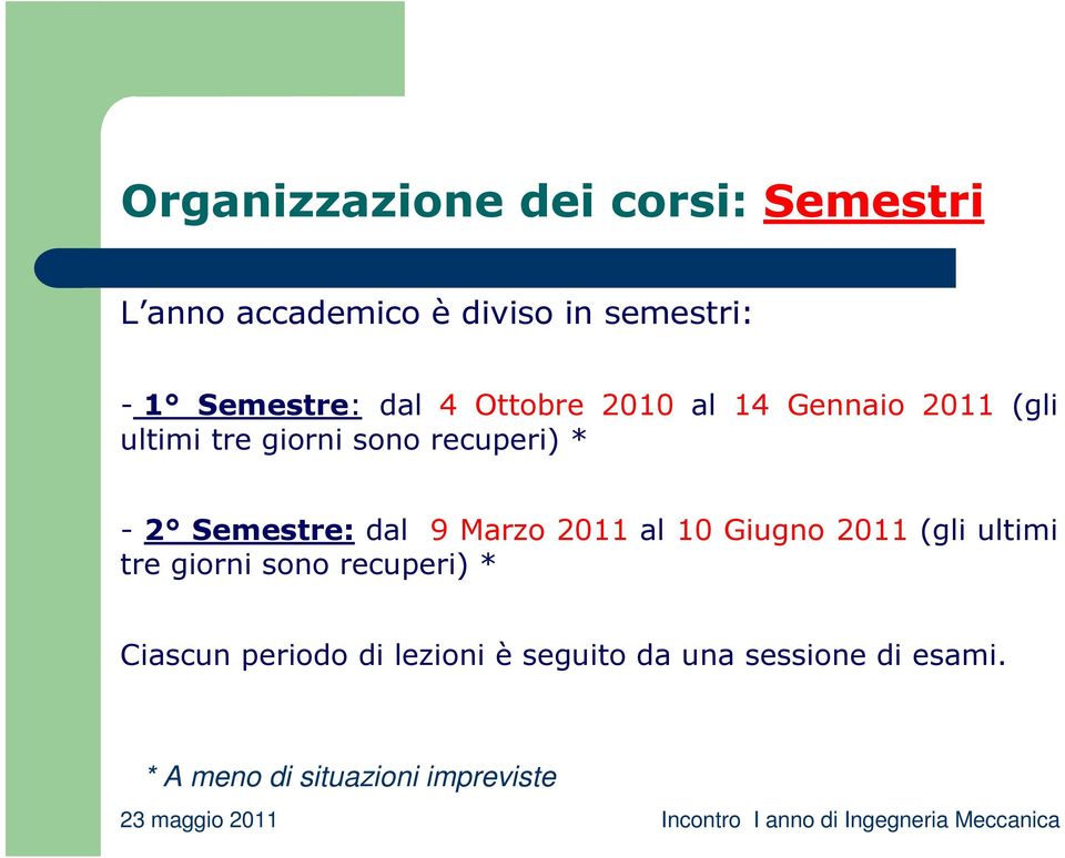 - 2 Semestre: dal 9 Marzo 2011 al 10 Giugno 2011 (gli ultimi tre giorni sono recuperi)