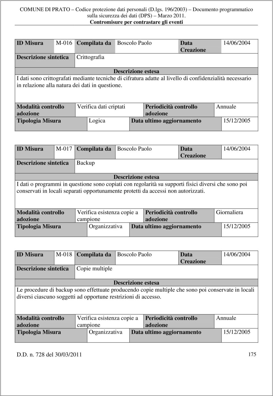 Modalità controllo Verifica dati criptati Periodicità controllo Annuale ID Misura M-017 Compilata da Boscolo Paolo Data Descrizione sintetica Backup I dati o programmi in questione sono copiati con