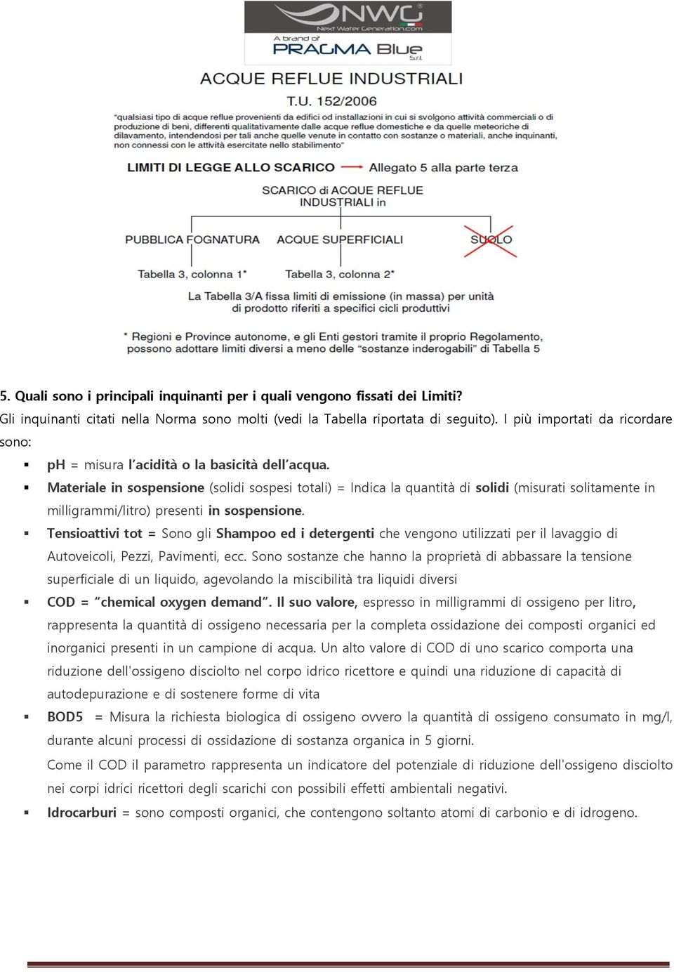 Materiale in sospensione (solidi sospesi totali) = Indica la quantità di solidi (misurati solitamente in milligrammi/litro) presenti in sospensione.