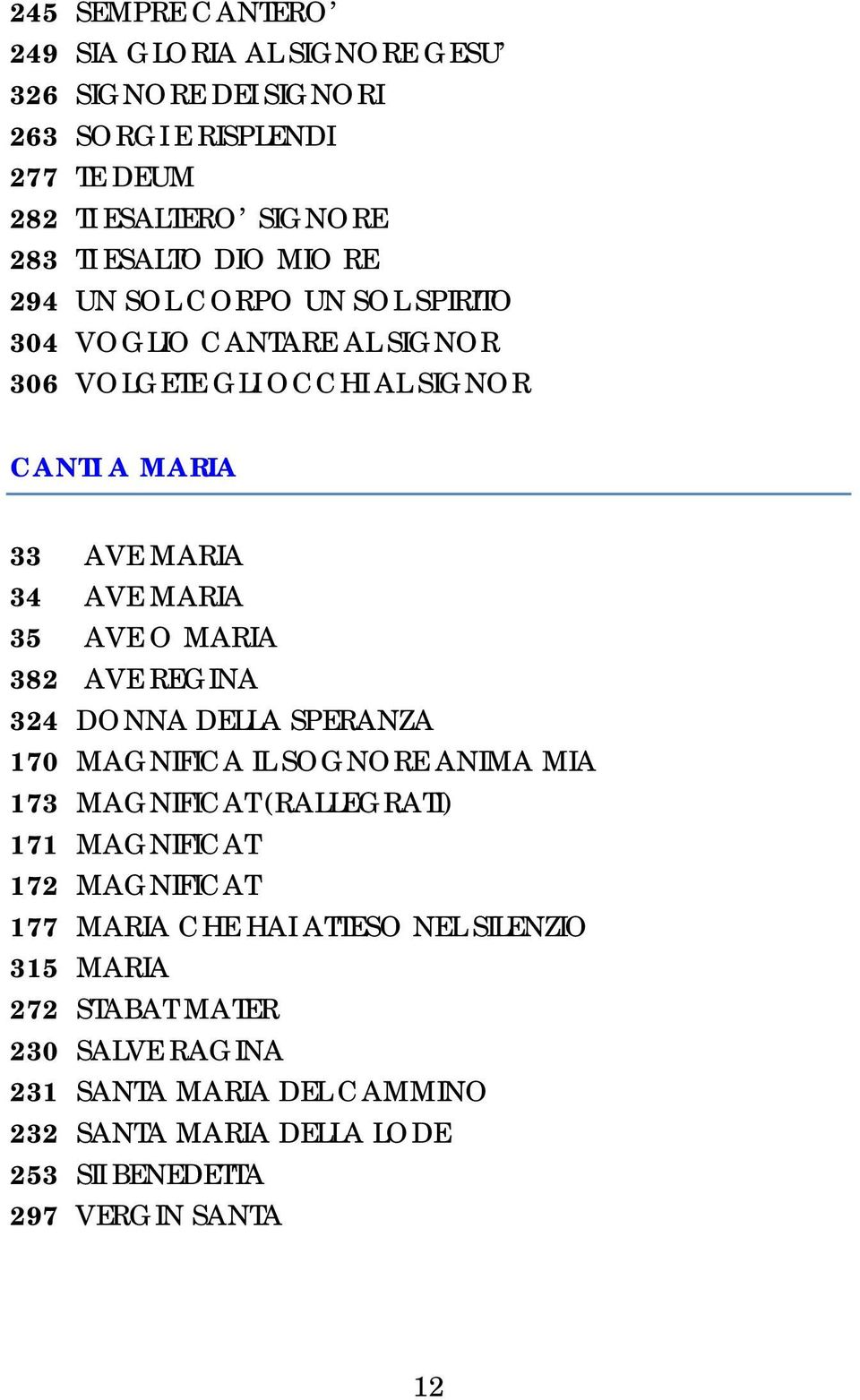 MARIA 382 AVE REGINA 324 DONNA DELLA SPERANZA 170 MAGNIFICA IL SOGNORE ANIMA MIA 173 MAGNIFICAT (RALLEGRATI) 171 MAGNIFICAT 172 MAGNIFICAT 177 MARIA CHE