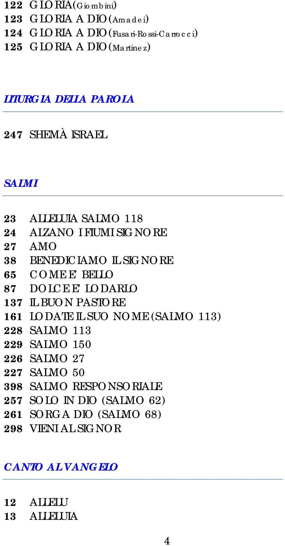 DOLCE E LODARLO 137 IL BUON PASTORE 161 LODATE IL SUO NOME (SALMO 113) 228 SALMO 113 229 SALMO 150 226 SALMO 27 227 SALMO 50 398