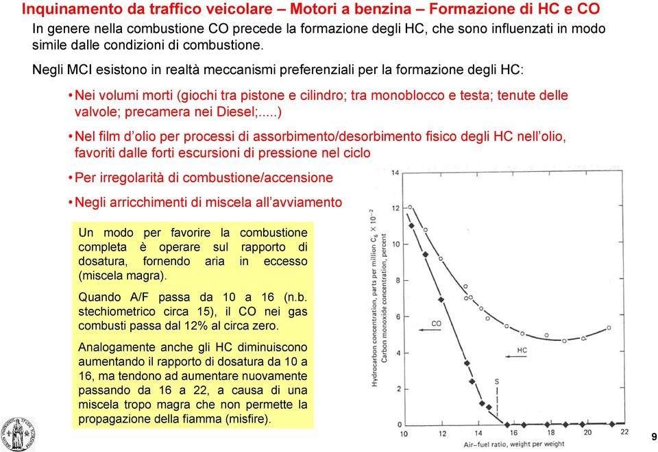 Negli MCI esistono in realtà meccanismi preferenziali per la formazione degli HC: Nei volumi morti (giochi tra pistone e cilindro; tra monoblocco e testa; tenute delle valvole; precamera nei Diesel;.