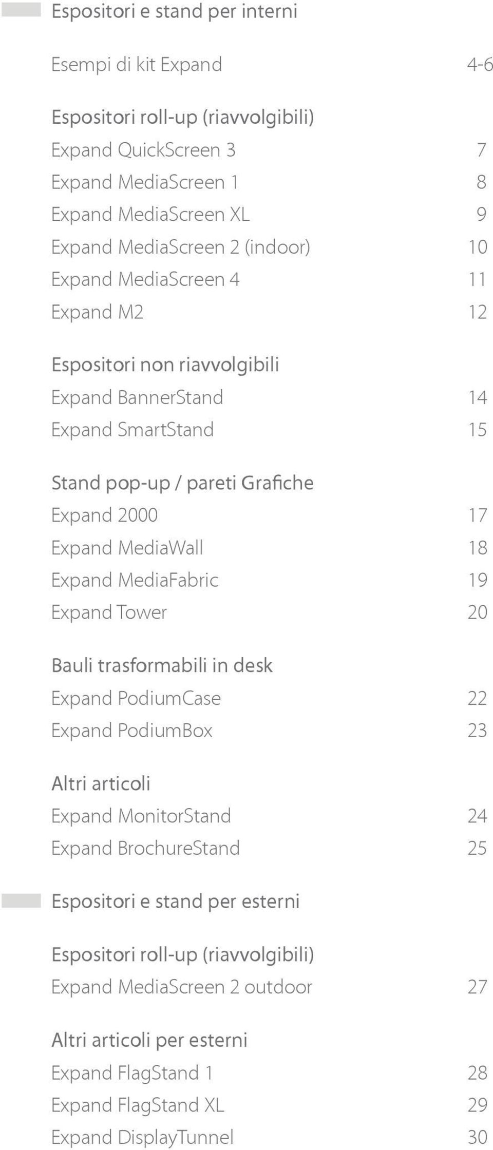 MediaWall 18 Expand MediaFabric 19 Expand Tower 20 Bauli trasformabili in desk Expand PodiumCase 22 Expand PodiumBox 23 Altri articoli Expand MonitorStand 24 Expand BrochureStand 25