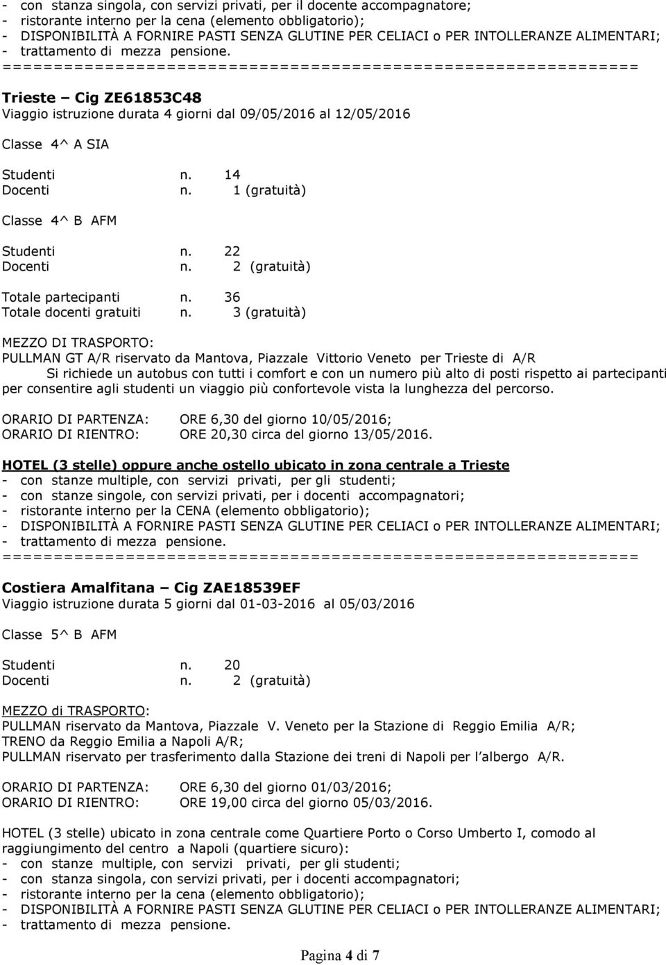 3 (gratuità) MEZZO DI TRASPORTO: PULLMAN GT A/R riservato da Mantova, Piazzale Vittorio Veneto per Trieste di A/R Si richiede un autobus con tutti i comfort e con un numero più alto di posti rispetto