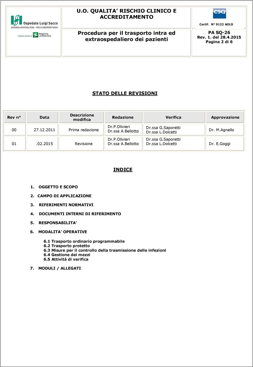 Agnello Dr. E.Goggi INDICE 1. OGGETTO E SCOPO 2. CAMPO DI APPLICAZIONE 3. IFEIMENTI NOMATIVI 4. DOCUMENTI INTENI DI IFEIMENTO 5. ESPONSABILITA 6. MODALITA OPEATIVE 6.