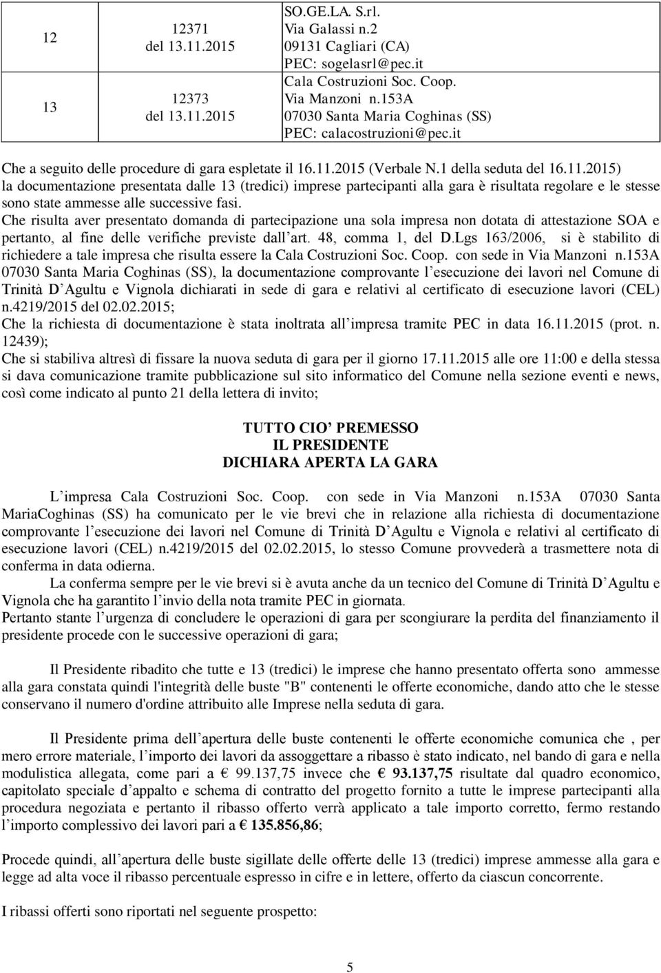 015 (Verbale N.1 della seduta del 16.11.015) la documentazione presentata dalle 13 (tredici) imprese partecipanti alla gara è risultata regolare e le stesse sono state ammesse alle successive fasi.