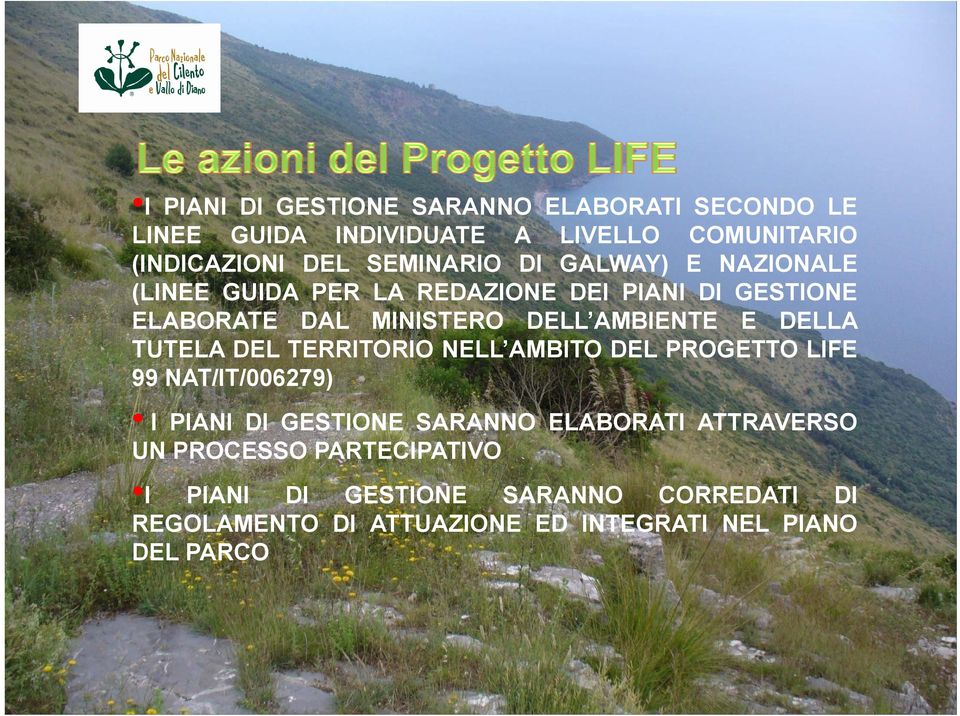 TUTELA DEL TERRITORIO NELL AMBITO DEL PROGETTO LIFE 99 NAT/IT/006279) I PIANI DI GESTIONE SARANNO ELABORATI ATTRAVERSO UN