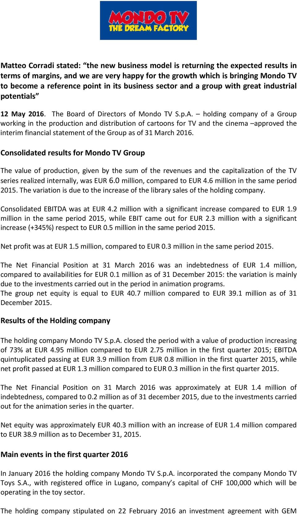 holding company of a Group working in the production and distribution of cartoons for TV and the cinema approved the interim financial statement of the Group as of 31 March 2016.