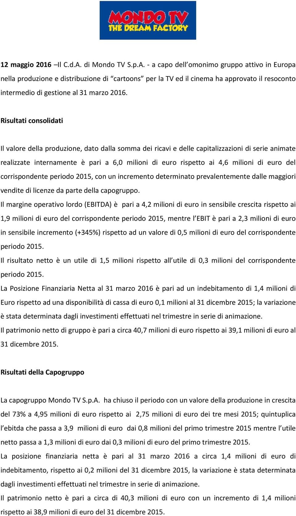 Risultati consolidati Il valore della produzione, dato dalla somma dei ricavi e delle capitalizzazioni di serie animate realizzate internamente è pari a 6,0 milioni di euro rispetto ai 4,6 milioni di