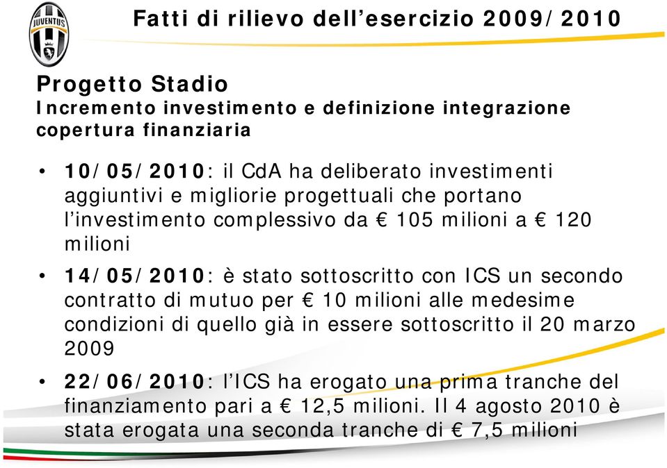 sottoscritto con ICS un secondo contratto di mutuo per 10 milioni alle medesime condizioni di quello già in essere sottoscritto il 20 marzo 2009