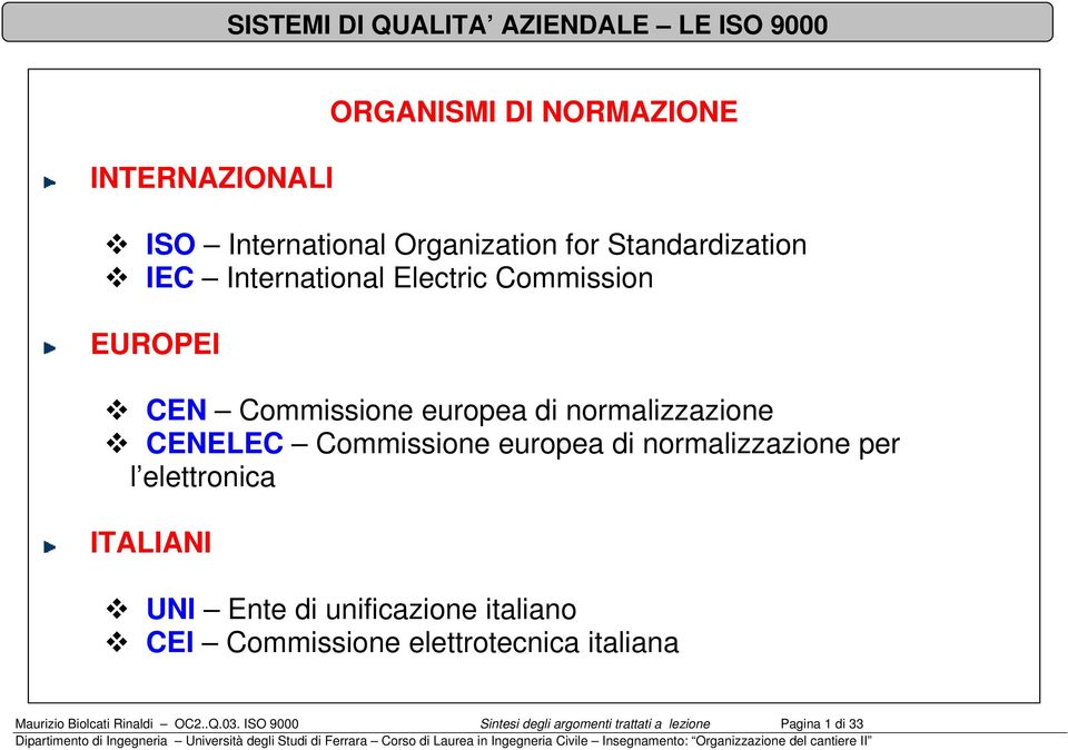 normalizzazione per l elettronica ITALIANI UNI Ente di unificazione italiano CEI Commissione elettrotecnica