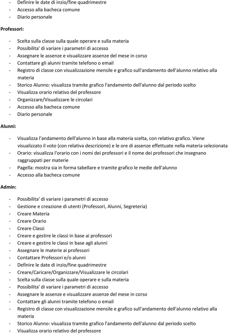 dell'alunno relativo alla materia Storico Alunno: visualizza tramite grafico l'andamento dell'alunno dal periodo scelto Visualizza orario relativo del professore Organizzare/Visualizzare le circolari