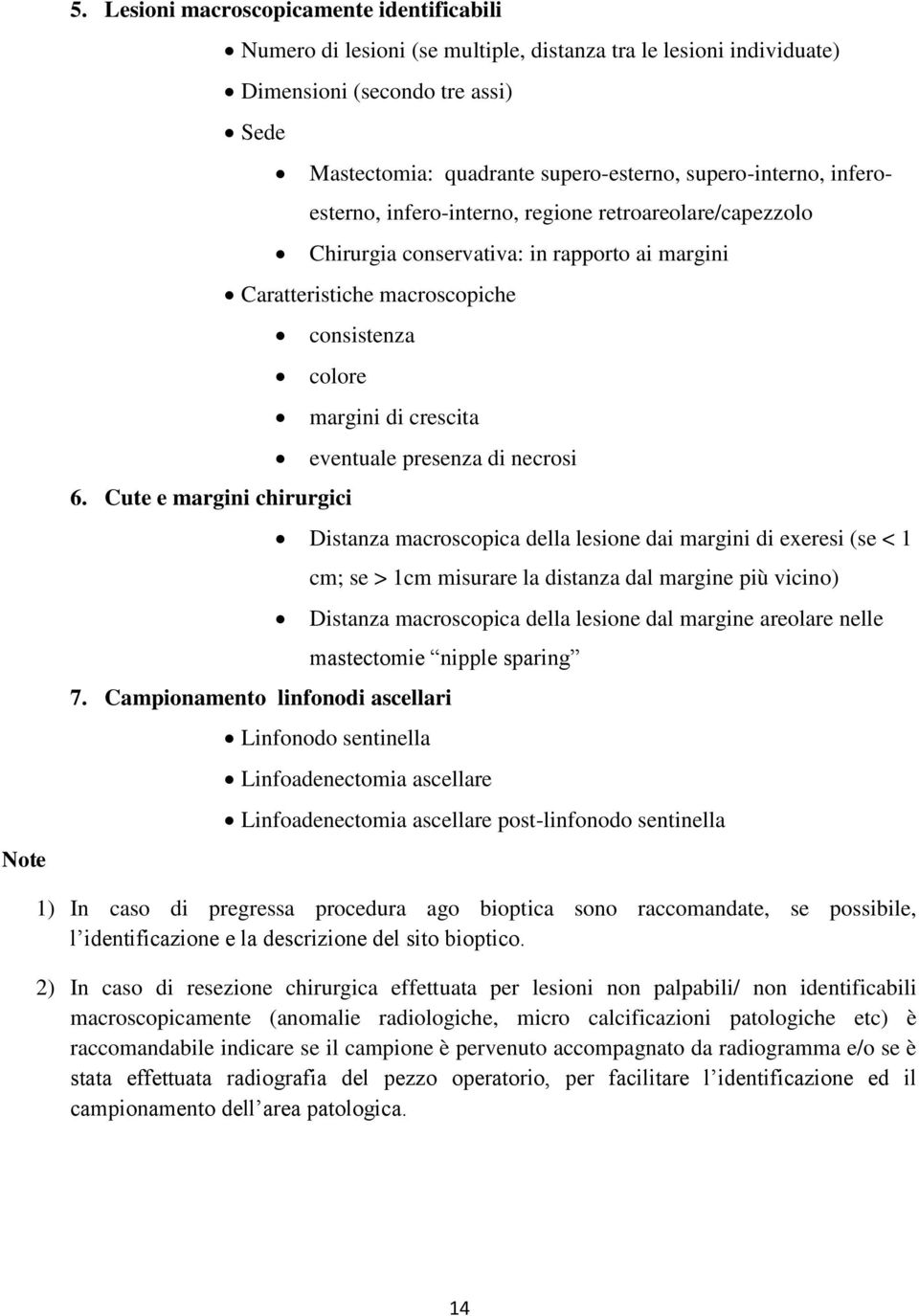 inferoesterno, infero-interno, regione retroareolare/capezzolo Chirurgia conservativa: in rapporto ai margini Caratteristiche macroscopiche consistenza colore margini di crescita eventuale presenza