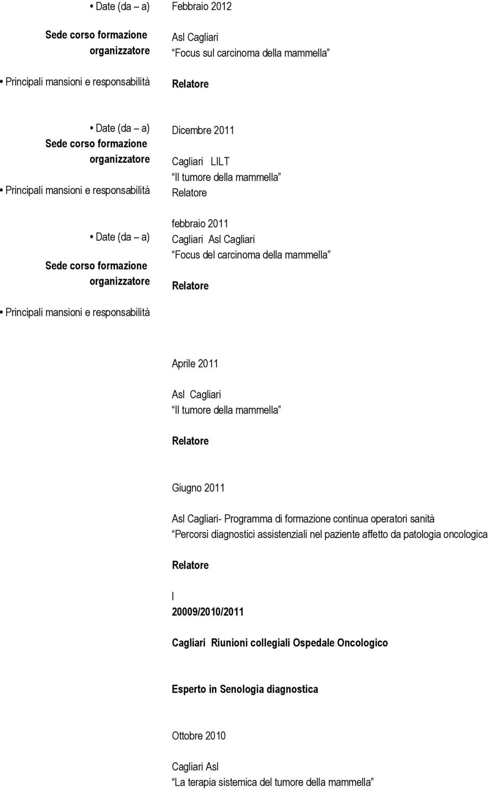 Programma di formazione continua operatori sanità Percorsi diagnostici assistenziali nel paziente affetto da patologia oncologica l 20009/2010/2011