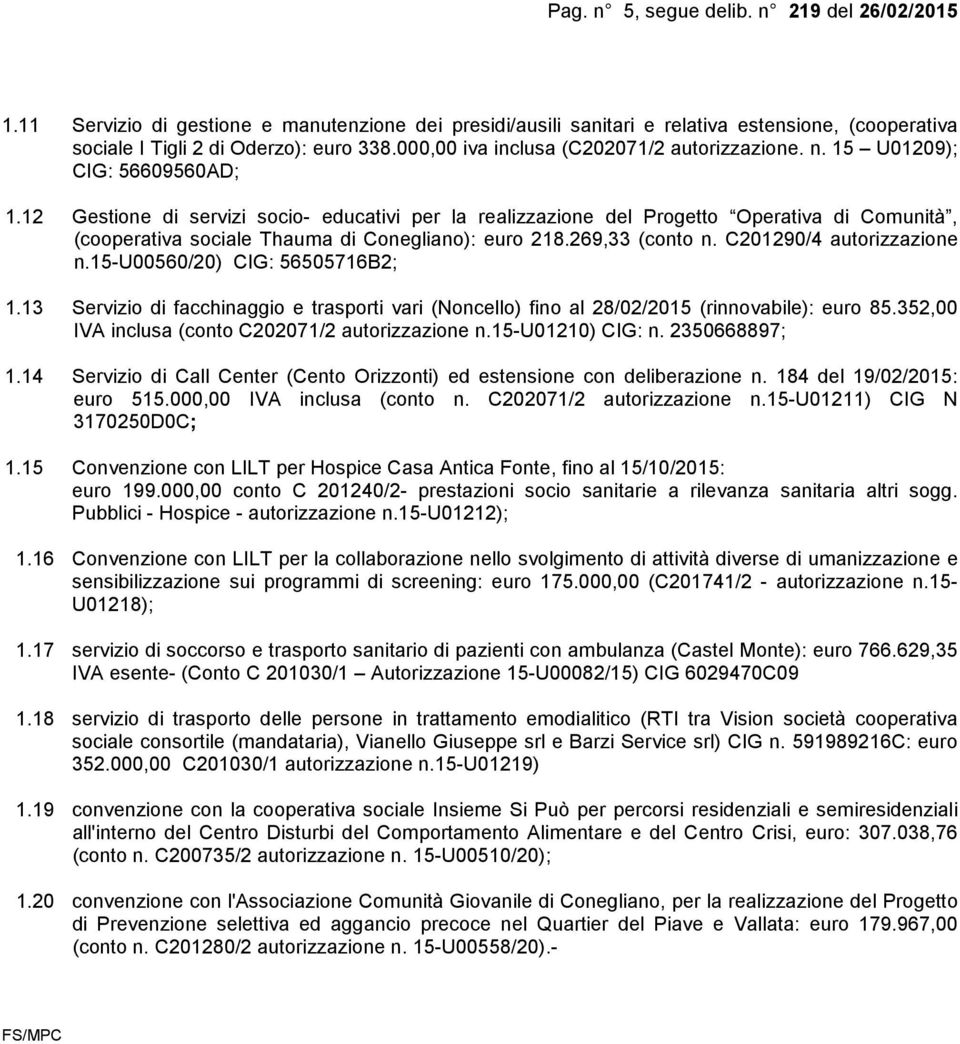 12 Gestione di servizi socio- educativi per la realizzazione del Progetto Operativa di Comunità, (cooperativa sociale Thauma di Conegliano): euro 218.269,33 (conto n. C201290/4 autorizzazione n.
