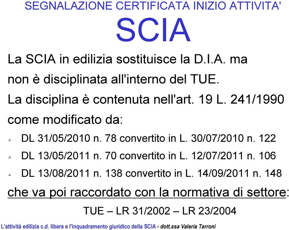 30/07/2010 n. 122 DL 13/05/2011 n. 70 convertito in L. 12/07/2011 n. 106 DL 13/08/2011 n. 138 convertito in L.