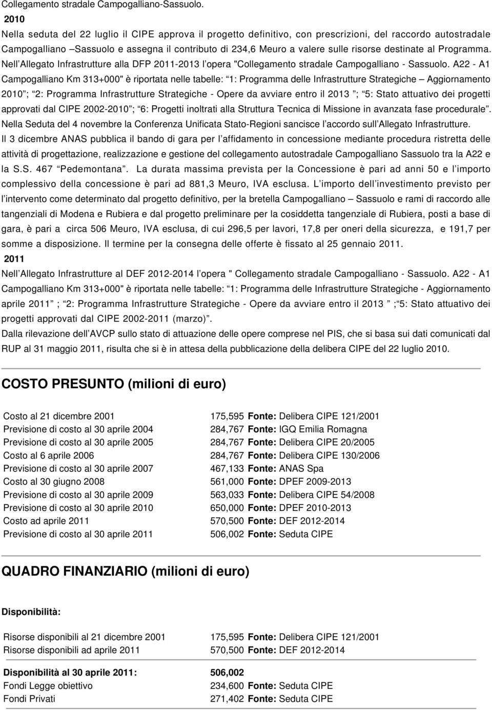 risorse destinate al Programma. Nell Allegato Infrastrutture alla DFP 2011-2013 l opera "Collegamento stradale Campogalliano - Sassuolo.