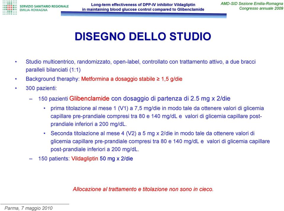 5 mg x 2/die prima titolazione al mese 1 (V1) a 7,5 mg/die in modo tale da ottenere valori di glicemia capillare pre-prandiale prandiale compresi tra 80 e 140 mg/dl e valori di glicemia capillare