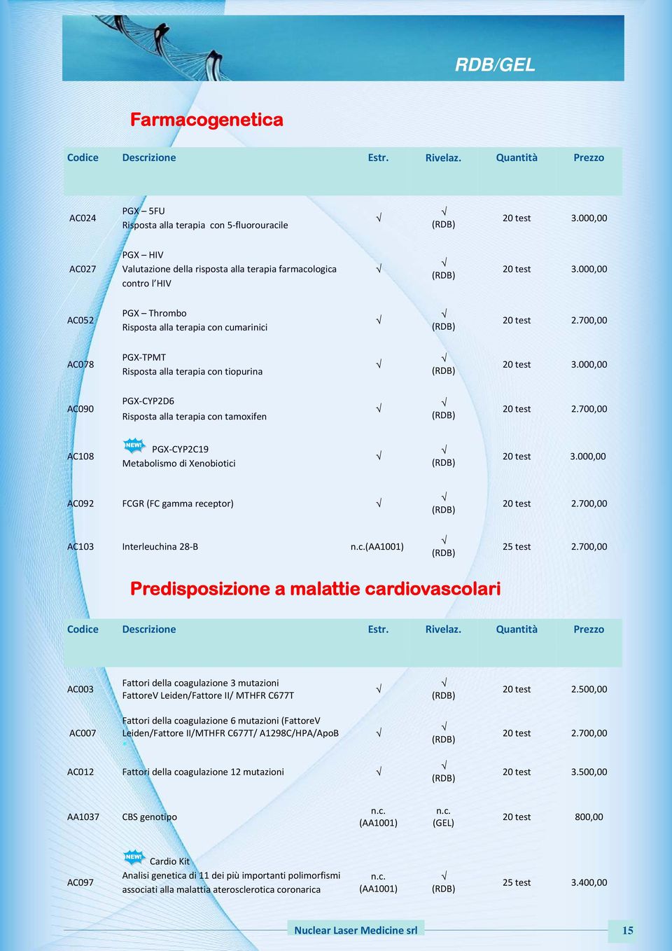 700,00 AC078 PGX TPMT Risposta alla terapia con tiopurina 20 test 3.000,00 AC090 PGX CYP2D6 Risposta alla terapia con tamoxifen 20 test 2.700,00 AC108 PGX CYP2C19 Metabolismo di Xenobiotici 20 test 3.