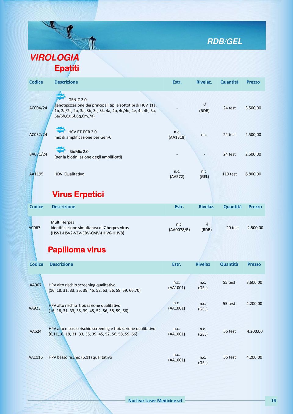 0 mix di amplificazione per Gen C (AA1318) 24 test 2.500,00 BA071/24 BioMix 2.0 (per la biotinilazione degli amplificati) 24 test 2.500,00 AA1195 HDV Qualitativo (AA572) (GEL) 110 test 6.