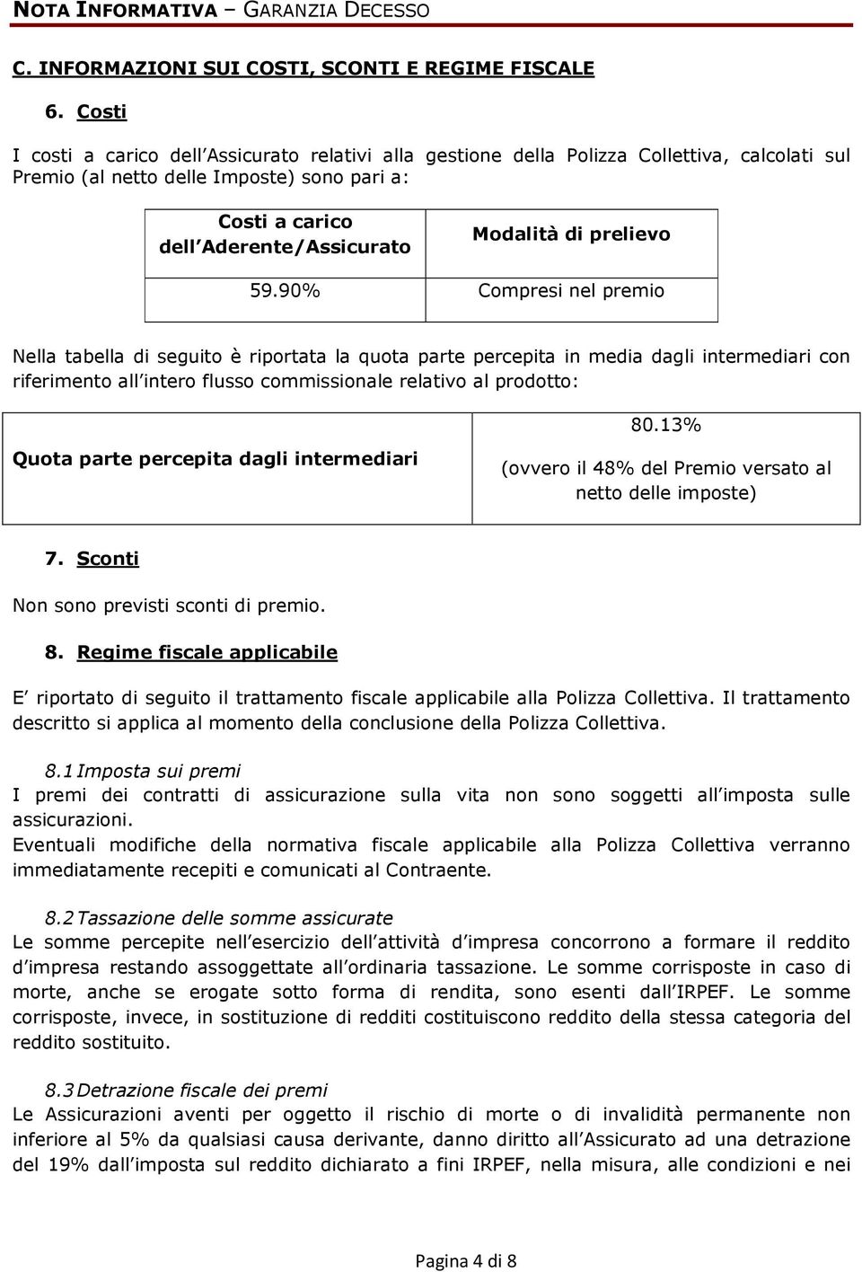 prelievo 59.90% Compresi nel premio Nella tabella di seguito è riportata la quota parte percepita in media dagli intermediari con riferimento all intero flusso commissionale relativo al prodotto: 80.