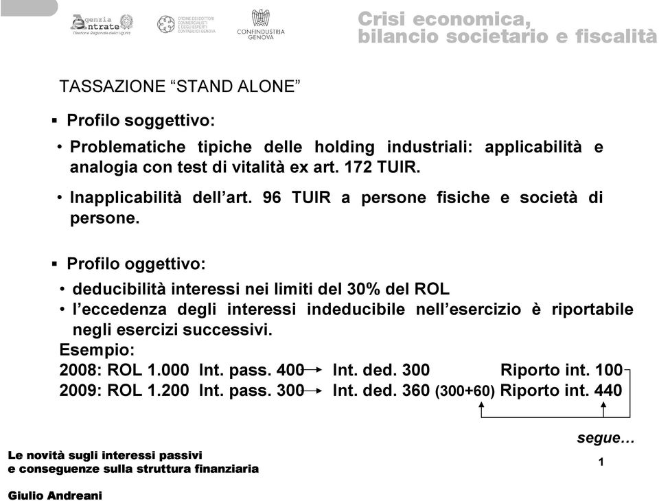 Profilo oggettivo: deducibilità interessi nei limiti del 30% del ROL l eccedenza degli interessi indeducibile nell esercizio è