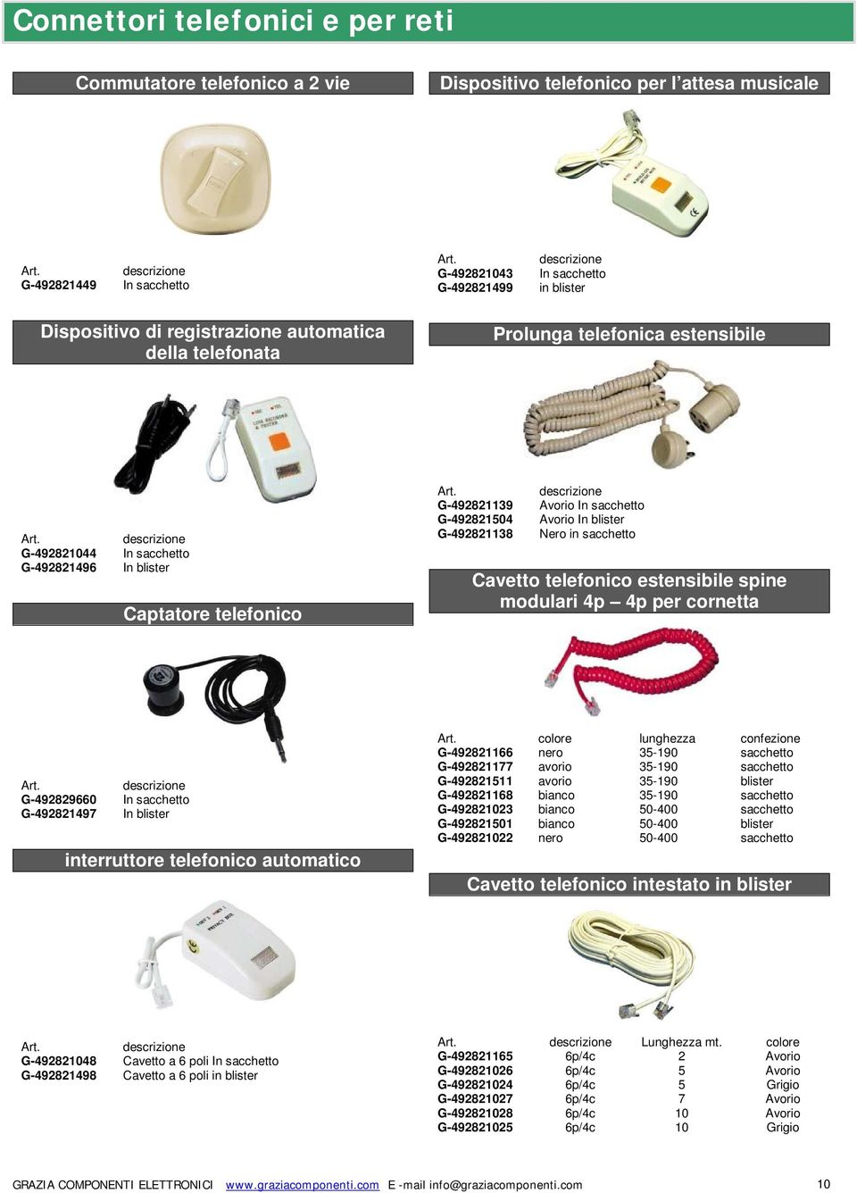 sacchetto Cavetto telefonico estensibile spine modulari 4p 4p per cornetta G-492829660 In sacchetto G-492821497 In blister interruttore telefonico automatico colore lunghezza confezione G-492821166