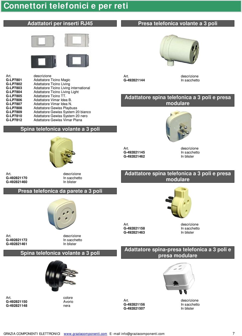 G-LP7808 Adattatore Gewiss Playbuss G-LP7809 Adattatore Gewiss System 20 bianco G-LP7810 Adattatore Gewiss System 20 nero G-LP7812 Adattatore Gewiss Vimar Plana G-492821144 In sacchetto Adattatore