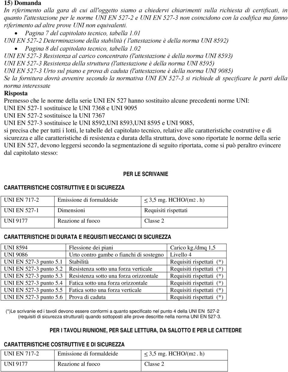 01 UNI EN 527-2 Determinazione della stabilità ( l'attestazione è della norma UNI 8592) Pagina 8 del capitolato tecnico, tabella 1.