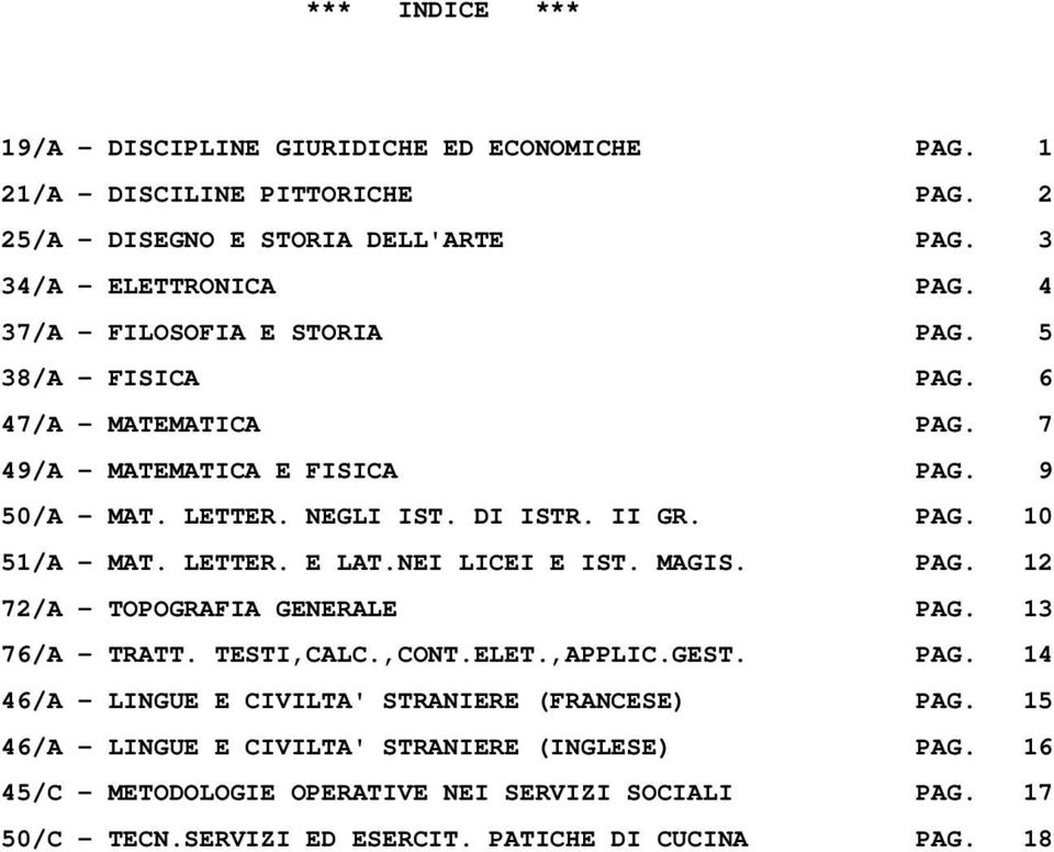 LETTER. E LAT.NEI LICEI E IST. MAGIS. PAG. 12 72/A - TOPOGRAFIA GENERALE PAG. 13 76/A - TRATT. TESTI,CALC.,CONT.ELET.,APPLIC.GEST. PAG. 14 46/A - LINGUE E CIVILTA' STRANIERE (FRANCESE) PAG.