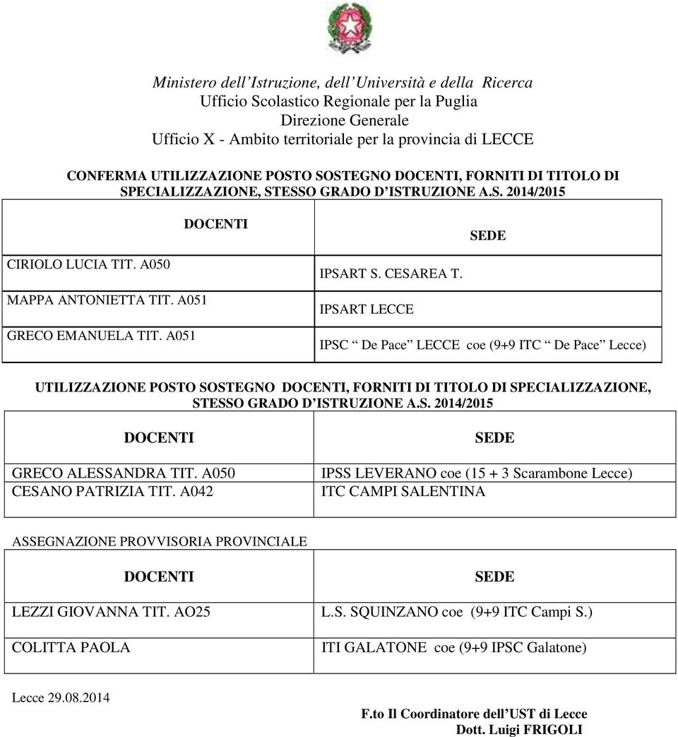 IPSART LECCE IPSC De Pace LECCE coe (9+9 ITC De Pace Lecce) UTILIZZAZIONE POSTO SOSTEGNO DOCENTI, FORNITI DI TITOLO DI SPECIALIZZAZIONE, STESSO GRADO D ISTRUZIONE A.S. 2014/2015 DOCENTI GRECO ALESSANDRA TIT.