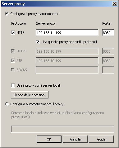 inserire la spunta su: HTTP nel riquadro in basso metti la spunta sulla scritta: Usa questo protocollo per tutti i protocolli effettua un clic con il mouse nel box denominato Server proxy digitare