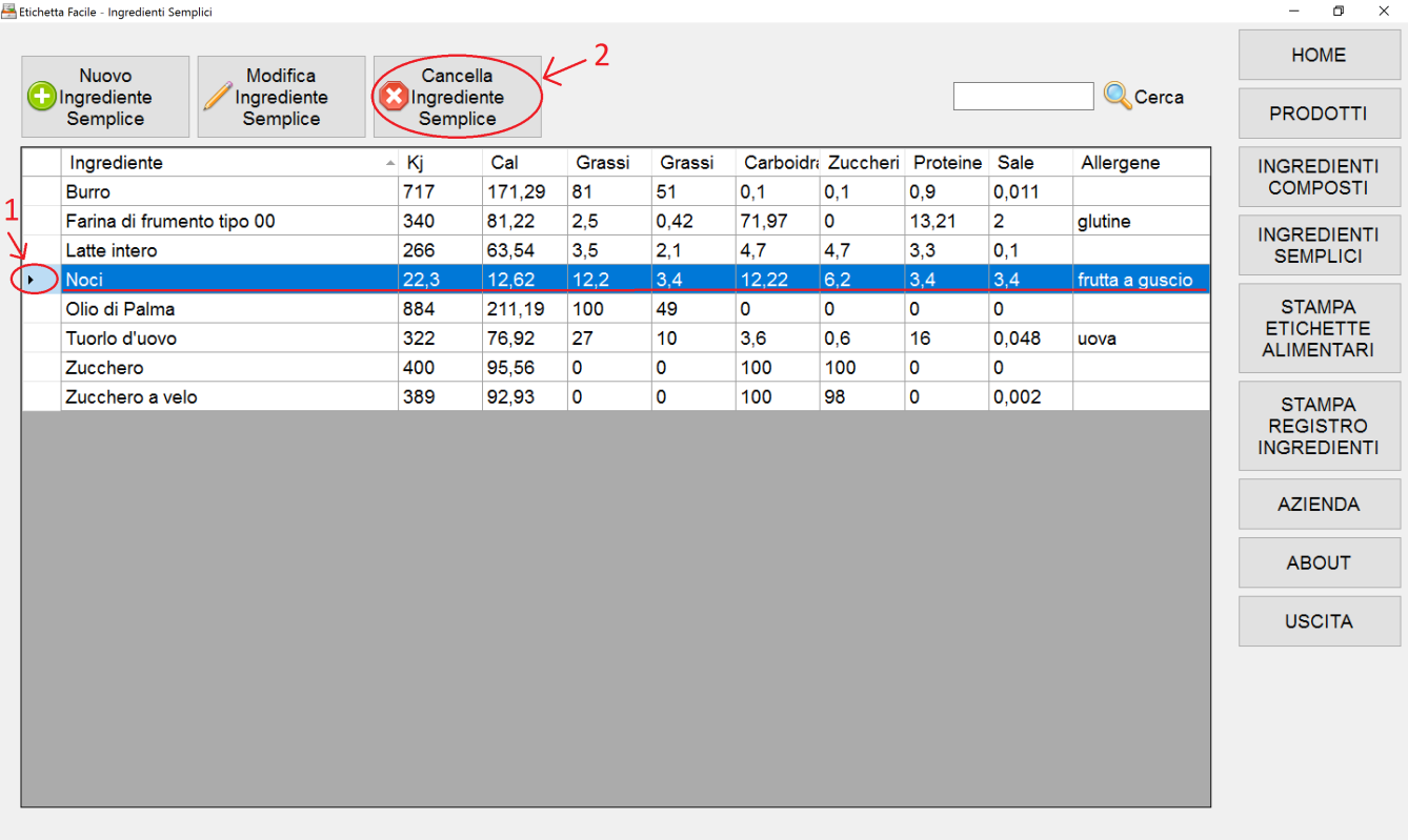 Cancellare un ingrediente semplice Per cancellare un ingrediente semplice bisogna: - Accedere all anagrafica degli ingredienti semplici cliccando sul bottone del menu di destra INGREDIENTI SEMPLICI.