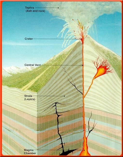 Ceneri, lapilli, gas Cratere Camino Strati Camera magmatica L EDIFICIO VULCANICO uno o più condotti secondari, i quali, sgorgando dai fianchi del vulcano o dalla stessa base, danno vita a dei