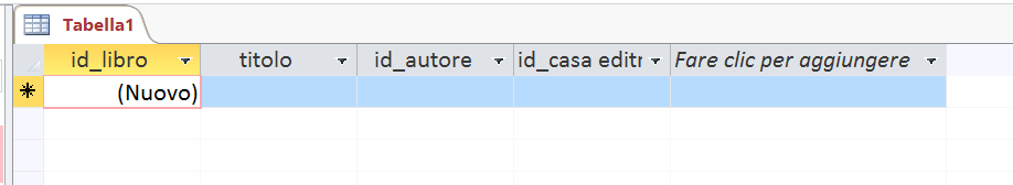 Creare delle tabelle in Access creiamo la nostra prima tabella: la tabella libri Dal menu crea nella finestra principale scegliamo Tabella, Access creerà in automatico una tabella che metterà in