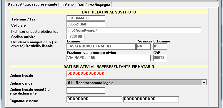 Pagina Dati sostituto, rappresentante firmatario Nella pagina dati sostituto rappresentante firmatario, sono riportati in automatico i dati del sostituto e del rappresentante firmatario.