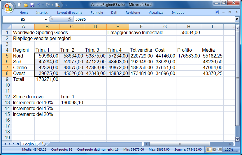 Lezione 5 Formule e Funzioni ESERCITAZIONE Prima parte Generare manualmente una formula. Utilizzare lo strumento Somma automatica per eseguire somme in righe e colonne.