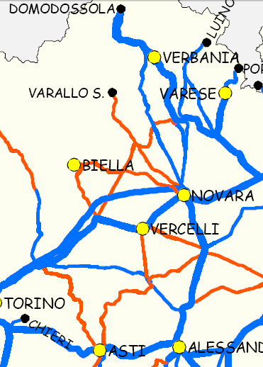 Sistemi di trazione Rispetto al sistema di trazione: sono elettrificate (in azzurro) le linee: 1. (Gallarate) - Arona Domodossola Iselle (Sempione) 2. (Rho) Trecate Novara Vercelli Santhià (Torino) 3.