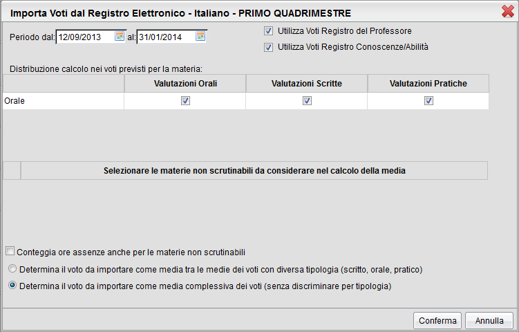 Compare quindi la seguente finestra: per inserire i voti interi del quadrimestre basta cliccare sul codice (composto da tre caratteri maiuscoli) corrispondente alla materia posto in testa alla