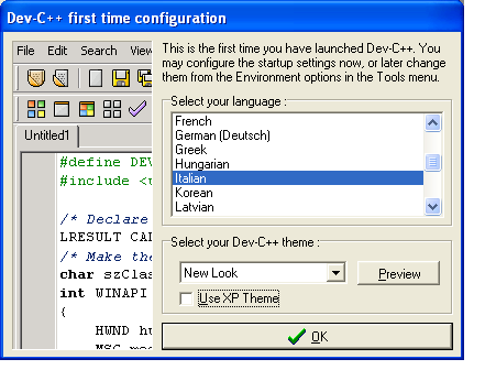 2.2. Configurazione La configurazione iniziale di DevC++ consente di scegliere la lingua e l aspetto grafico. Fig. 2.